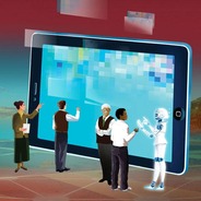illustration of people looking at a giant tablet